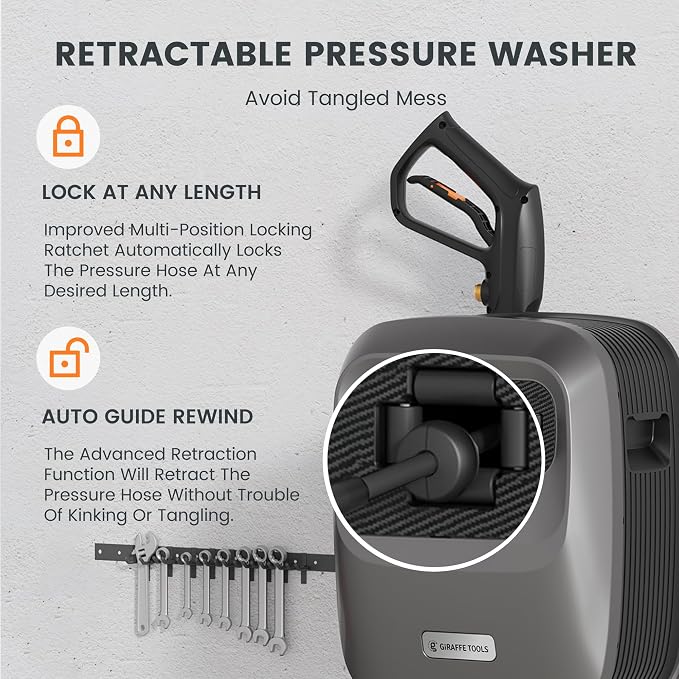 Giraffe Tools Grandfalls Retractable Pressure Washer G20B, 2500 PSI 2.2 GPM, Wall Mounted Power Washer with 65FT Hose Reel, Black Pressure Hoses, 4 Nozzles for Floor/Cars/Fences/Patios, Dark Silver