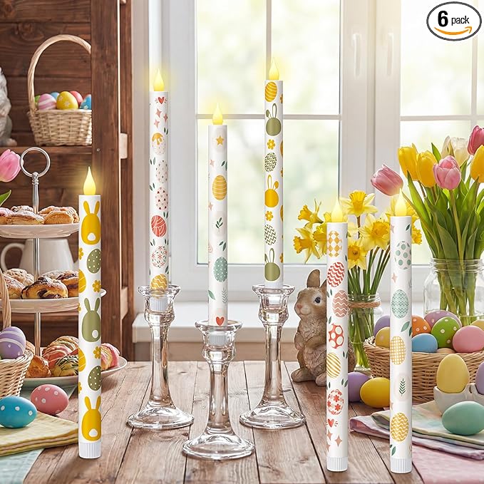 Honoson 6 Pcs Easter Flameless Taper Candles 10.6 Inch Colorful Egg Bunny Candles Battery Operated LED Candlesticks for Easter Dinner Table Home Party Decor