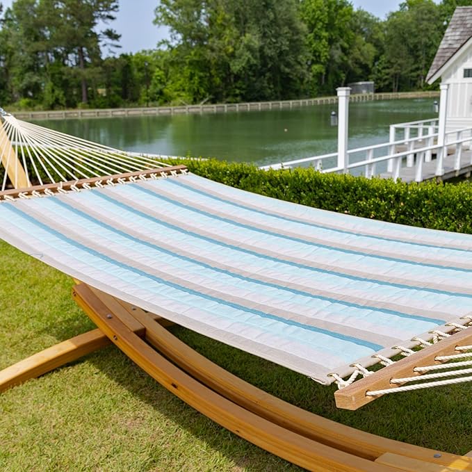 Hatteras Hammocks Large Gateway Mist Sunbrella Quilted Hammock – 13 ft. x 55 in., 2-Person, 450 lb Capacity, Cumaru Spreader Bar, Zinc-Plated Hardware – Handcrafted in The USA