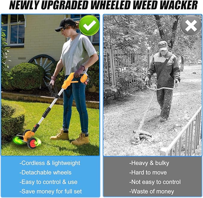 Electric Weed Wacker Cordless Eater Battery Powered, String Trimmer with 21V/4.0Ah Battery Operated & Wheels 3 Types Blades, 3 in 1 Stringless Grass Trimmer/Edger/Brush Cutter for Garden Yard Lawn