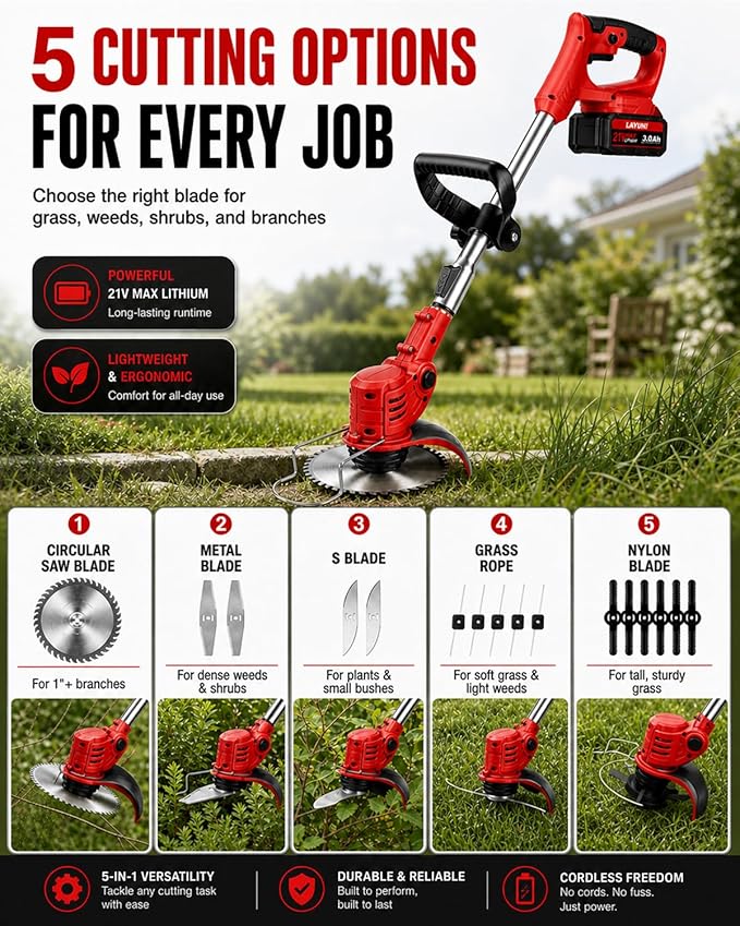Cordless Weed Wacker with Wheels, 880W Electric Weed Eater with 2 x Batteries, 3-in-1 Battery Powered Grass Trimmer/Brush Cutter with 5 Types Saw Blades, Lightweight for Lawn & Garden