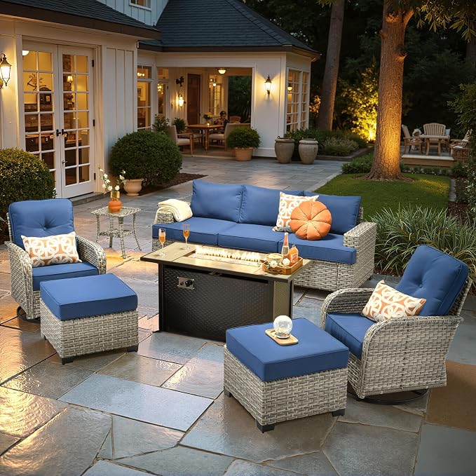 HOOOWOOO Sectional Patio Furniture Set with Fire Pit Table,9 Pieces Wicker Outdoor Furniture Couch,Outside Conversation Set Extra Deep Seat Sofa Wide Rocking Chairs Ottomans Arm Solar Table,Navy Blue