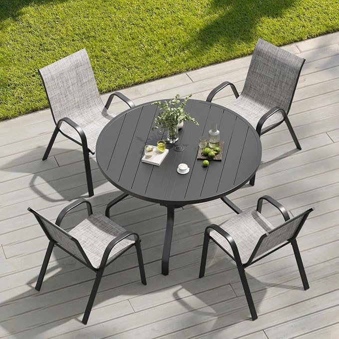 Soohow Outdoor Dining Set for 4, 5-piece Outdoor Patio Dining Set 4 x Stackable Patio Chairs & 1 x Round Table with Umbrella Hole,All-Weather Outside Table and Chairs for Backyard, Balcony, Porch