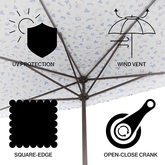 JONATHAN Y Sidney Coastal 9 ft. Blue/White Chinoiserie Half Umbrella for Outdoor Patio, Space-Saving Rectangular Wall Sun Shade with Crank Lift, UV Protection for Balcony, Deck, Dark Brown Pole UMB1200F