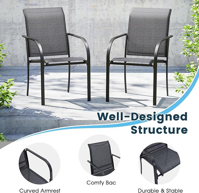 7 Pieces Patio Dining Set, 47" Round Dining Table with Umbrella Hole, 6 Stackable Textilene Fabric Chairs, Metal Structure for Patio, Porch, Garden(Black Table, Grey Chair)