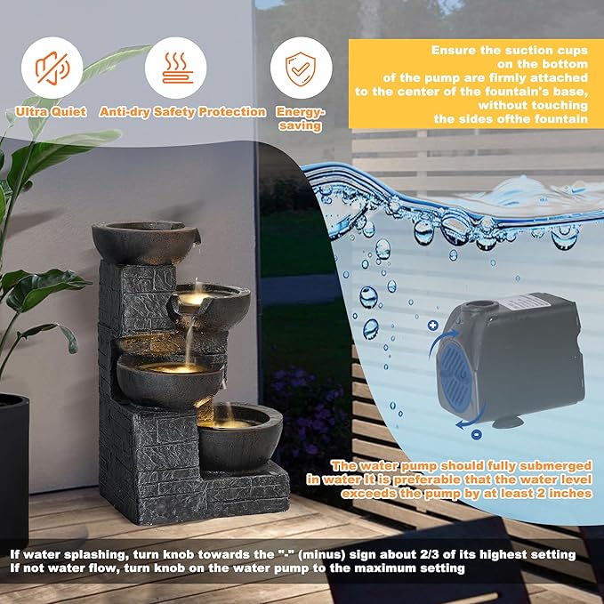 Outdoor Water Fountain, 4-Tier Cascading Rock Bowls Waterfall Fountains w/LED Lights for Garden Yard Decor, Indoor Floor-Standing Resin Water Feature for Patio Deck Porch and Home (Brown)