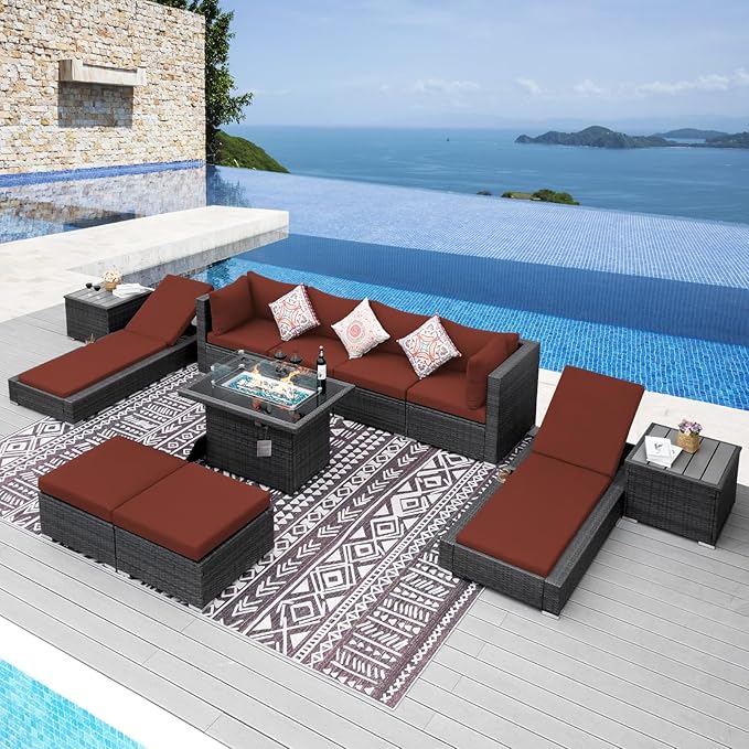 NICESOUL 11 Piece Sectional Outdoor Set with Chaise Lounge, Extra Large Backyard Seating with Firepit, 29.3'' Highback Patio Couch Sofa, Heavy Duty All-Weather Wicker Furniture for Deck, Grey & Red