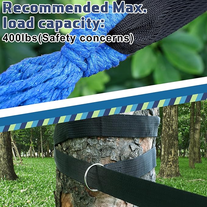 Windyun 2 Sets Cotton Canvas Hammock Large Double Hammock 400lbs Portable Camping Hammocks for Outside with Carrying Bag Sturdy Metal Knot Ropes and Tree Straps for Travel Patio Garden Backyard (Blue)
