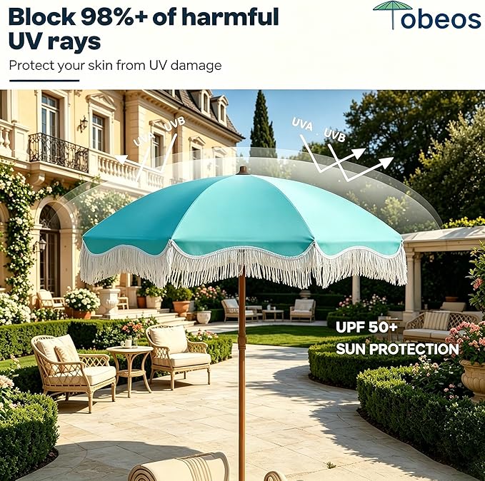 7FT Patio Umbrella with Fringe, Outdoor Tassel Umbrella with Fiberglass Ribs, Boho Beach Umbrella, Push Button Tilt and Carrying Bag, UPF50+