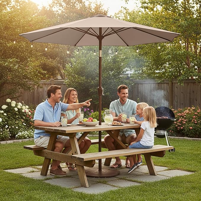 9ft Patio Umbrella with Push Button Tilt and Crank,Outdoor Market Table Umbrella UV Protection 8 Sturdy Ribs for Backyard,Garden,Pool,Deck(Beige)
