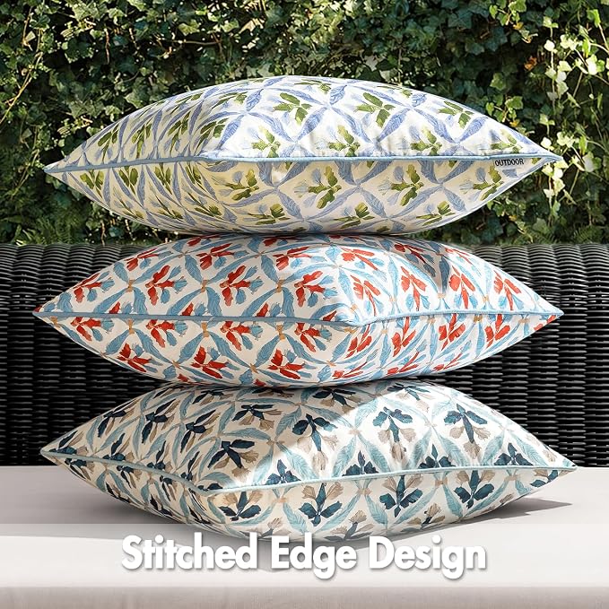 MIULEE Outdoor Floral Pillow Covers Waterproof 12x20 Blue-Rust | Decorative Block Print,Boho Farmhouse, Set of 2 Coastal Summer Cushion Covers with Piping,Garden Patio Furniture Porch Couch