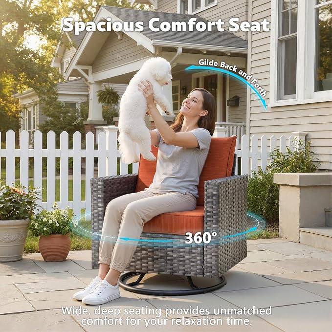 CAODOC 7-Piece Outdoor Wicker Patio Set with 7 Seats, Including 43" Fire Pit - Swivel Rocker Chairs and Conversation Set for Backyard or Lawn, Gray Rattan with Waterproof Red Cushions