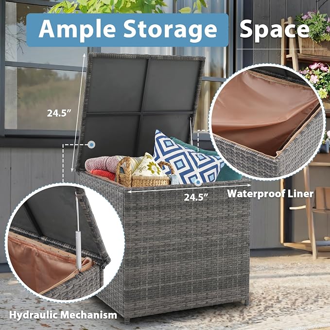JOIVI 8 Pieces Patio Furniture Set with 45” Propane Fire Pit Table and Storage Box, Wicker Rattan Outdoor Sectional Sofa, Outdoor Furniture Conversation Set with Thickened Cushion, Gray