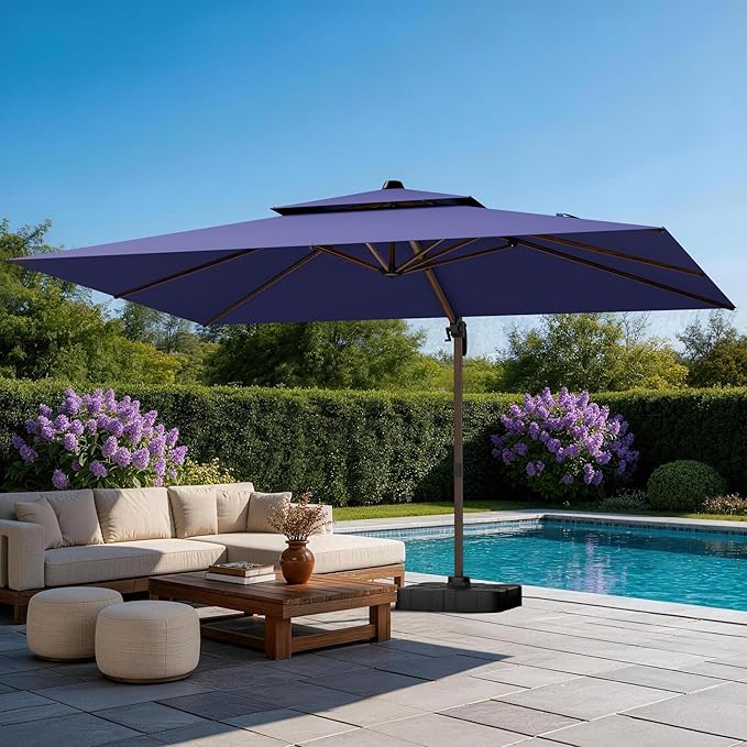 GENTEACO 10x13FT Wood Pattern Cantilever Patio Umbrella, Double Top Rectangle Offset Umbrella 7 Angle Tilts & 360° Rotation, Large Heavy Duty Outdoor Sun Umbrella for Pool Market, Navy Blue