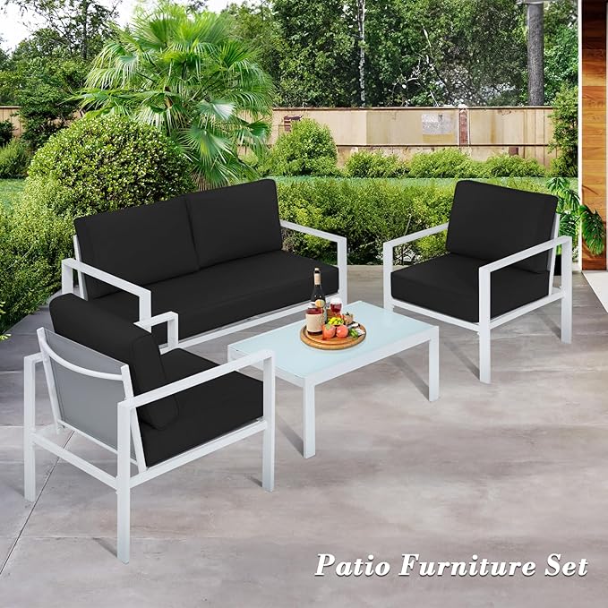 Athena Collection Patio Bistro Set Table and Chairs Set of 4, Outdoor Furniture Set Heavy Duty Conversation Sets Metal Loveseat with Upholstered Seat and Cushions, Black