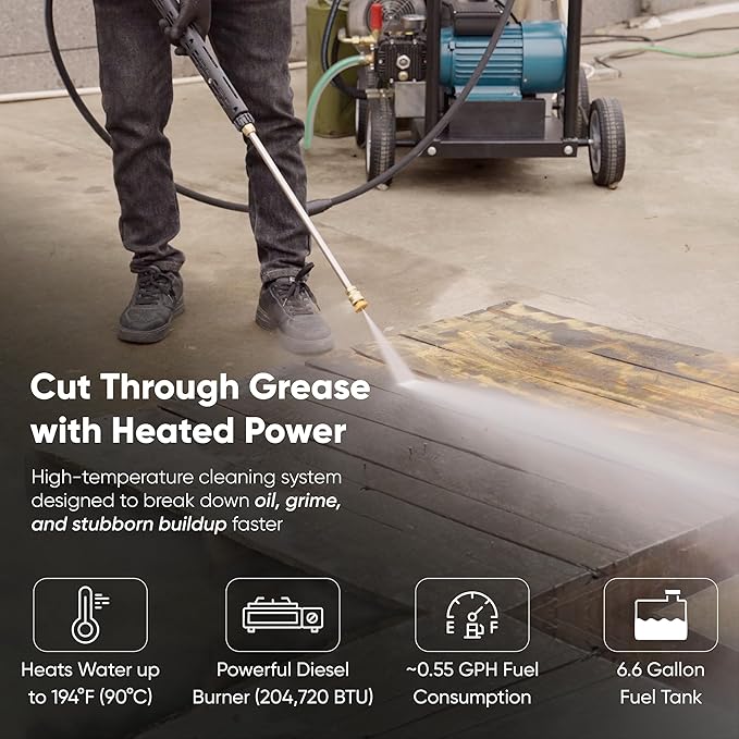 Dapper Supply 2600 PSI Electric Hot Water Pressure Washer 4 0 GPM Commercial Hot Water Power Washer Diesel Heated Water Cooled Triplex Pump 50 ft Hose 120V 20A
