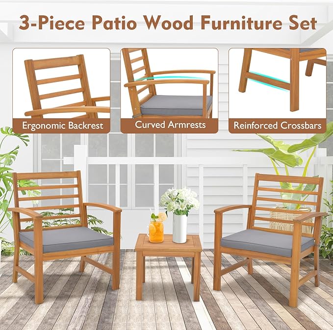 Tangkula 3 Pieces Outdoor Furniture Set, Acacia Wood Conversation Set with Soft Seat Cushions, Stable Acacia Wood Frame, Patio Sofa & Coffee Table Set for Backyard, Porch, Poolside (Grey)