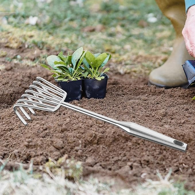 Hand Rake Stainless Steel Heavy Duty Garden Rake Weeding Tool Ergonomic Claw Rake Soil Tiller Portable Planting Rake Suitable for Flower Beds Yard Wor , 7 Tine Long Handle