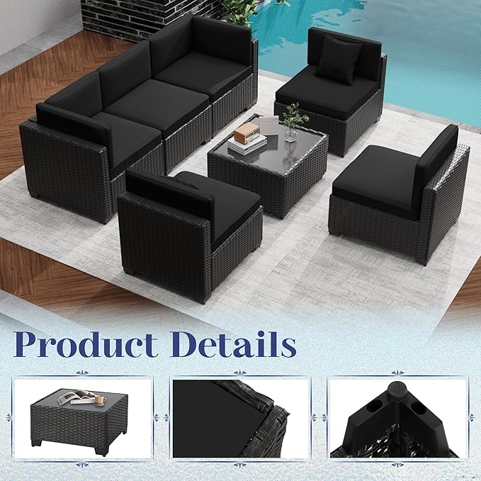 KIGOTY Patio Furniture Set,14 Pieces Modular Outdoor Sectional Sofa, PE Rattan Patio Conversation Set, All Weather Wicker Patio Furniture with Cushions and Coffee Table（Black/Black）