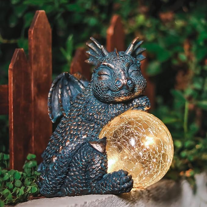 Solar Dragon Garden Statue, Dragon Solar Lights with Crackled Glass Globe | Solar Dragon Statue with Glowing Light, Fantasy Outdoor Decor for Garden, Patio, Yard, Fairy Ggarden and Dragon Lovers Gifts