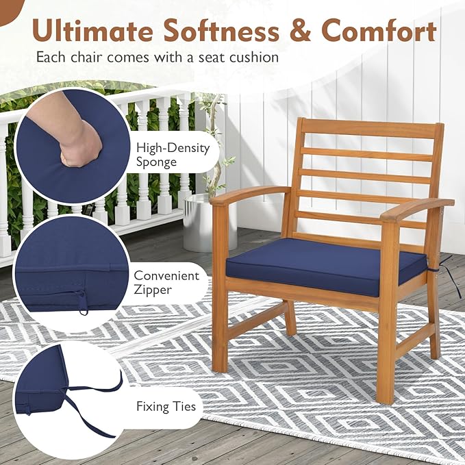 Tangkula 3 Pieces Outdoor Furniture Set, Acacia Wood Conversation Set with Soft Seat Cushions, Stable Acacia Wood Frame, Patio Sofa & Coffee Table Set for Backyard, Porch, Poolside (Navy)
