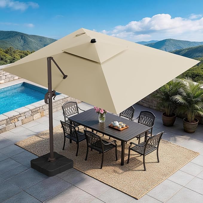 GENTEACO 9x12FT Cantilever Patio Umbrella, Double Top Rectangle Offset Umbrella 7 Angle Tilts & 360° Rotation, Large Heavy Duty Outdoor Sun Umbrella for Pool Market, Beige