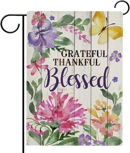 Hzppyz Grateful Thankful Blessed Garden Flag Double Sided, Spring Summer Flower Butterfly Decorative Yard Outdoor Home Small Decor, Farmhouse Fall Autumn Burlap Outside House Decoration 12 x 18