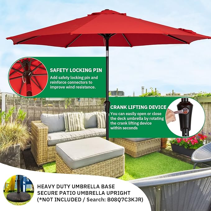 MEWAY 10ft Patio Umbrella Large Market Outdoor Garden Table Deck Pool Backyard Fishing Sunshade Umbrella with Push Button Tilt, Crank and UV Protection(10 ft, Red)