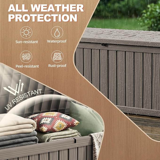 EFU Outdoor Storage Box 180 Gallon Deck Box (Indoor & Outdoor) Lockable UV Resistance Waterproof Resin Storage Bin Storage Box for Outdoor,Patio Storage With Support Rod(Taupe)