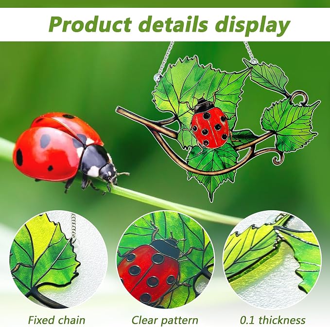 Plant Suncatcher Glass, Stained Glass Suncatcher Plant Window Hanging, Unique Nature Lover Gifts Leaf (Leaves & Ladybug)
