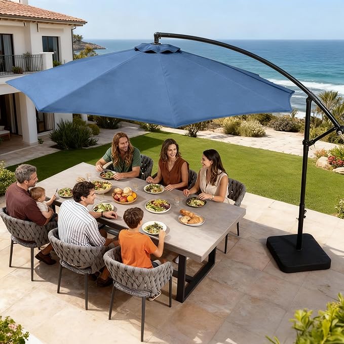 OLILAWN Cantilever Offset Patio Umbrellas, Outdoor 10 feet Large Patio Umbrella with Base Included, Upgraded Yarn-dyed Fabric Shade, Sturdy 8 Rids, 360 Degree Rotation & Easy Tilt Adjustment, for Pool Deck Porch Backyard Garden, Sapphire