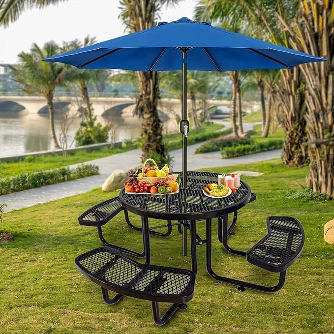 Heavy Duty Picnic Table for Outdoors 3200 lbs Load All Metal Dining Table with Umbrella Hole up to 1.5", Round Camping Table for Commercial Picnic Table with Benches, Black