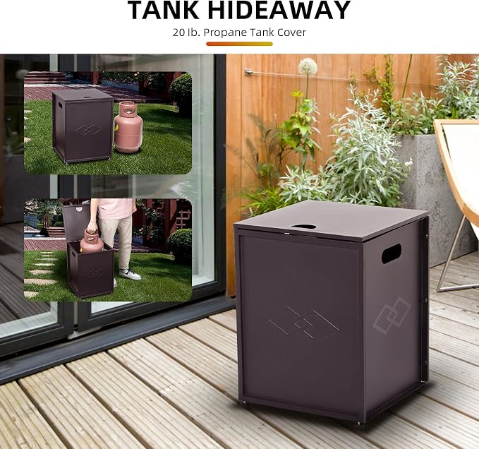 Propane Tank Cover Table – 20LB Outdoor Gas Cylinder Hideaway Storage Box with Side Handles – Metal Side Table for Garden Fire Pits