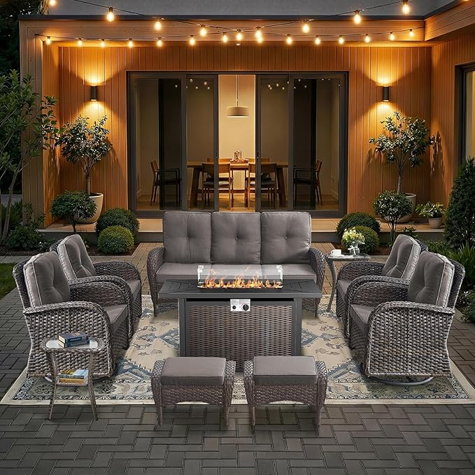 HUMMUH Patio Furniture Set -10 Piece Outdoor Furniture Set with Fire Pit Swivel Rocker Chairs for Porch,Backyard,Poolside