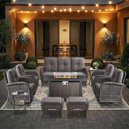 HUMMUH Patio Furniture Set -10 Piece Outdoor Furniture Set with Fire Pit Swivel Rocker Chairs for Porch,Backyard,Poolside