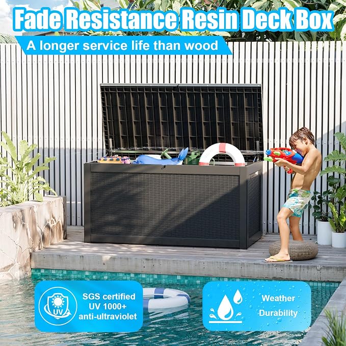 321 Gallon Outdoor Storage Box Lockable Waterproof Deck Box, Weatherproof UV-Resistant Durable Large Patio Storage Container for Patio Cushions, Garden Tool Pool Accessories, Furniture Pillow