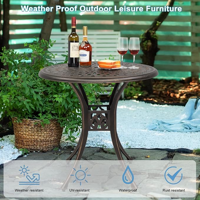 30 inch Round Patio Table, Cast Aluminum Outdoor Table, Outdoor Dining Table with Umbrella Hole, Small Bistro Table for Garden, Yard, Bronze