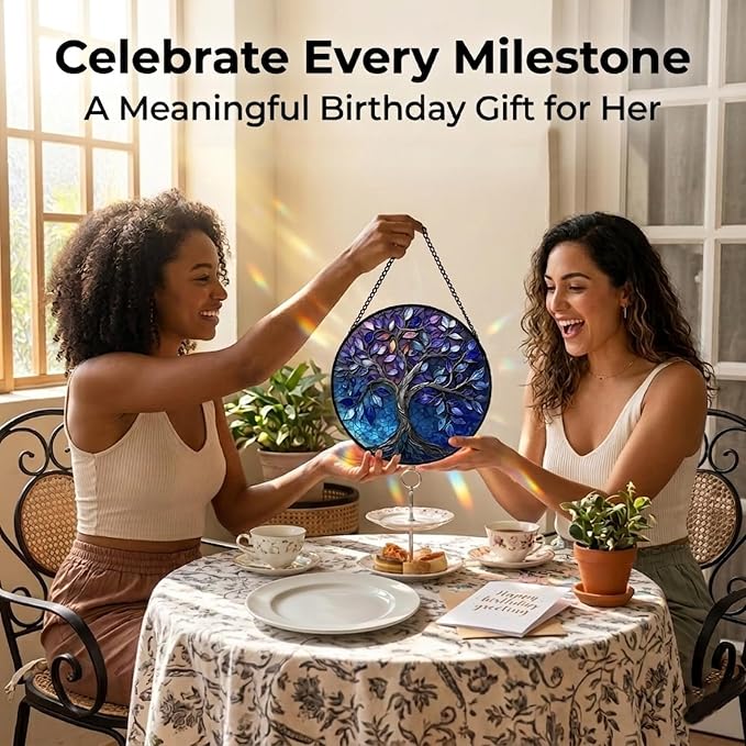 Birthday Gifts for Women - Blue Tree of Life Faux Stained Glass Window Hanging Sun Catcher for Door Garden Acrylic Decor Mother's Day Christmas for Mom Nana Grandma Sisters Wife 6.3"