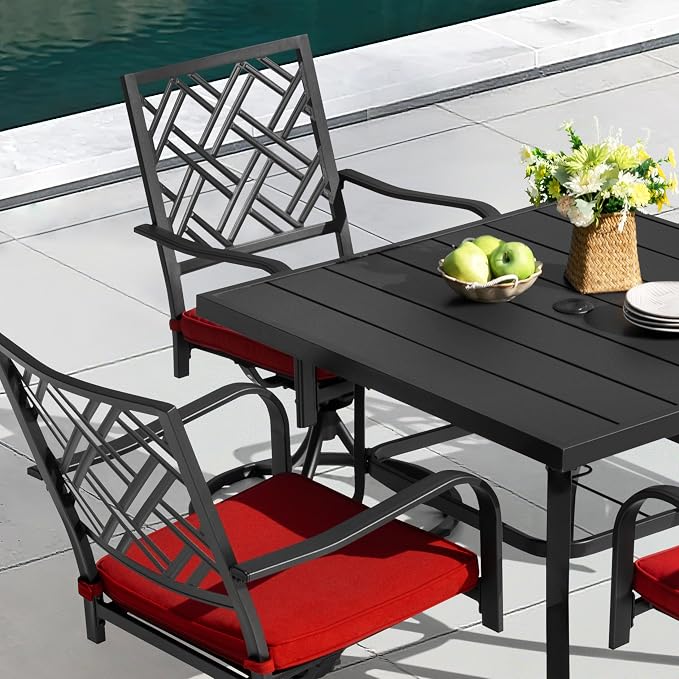 NUU GARDEN 5 Piece Outdoor Patio Dining Set, 37 Inch Square Table with 1.6" Umbrella Hole and 4 Swivel Chairs with Removable Cushions, for Backyard Deck Garden, Black and Red