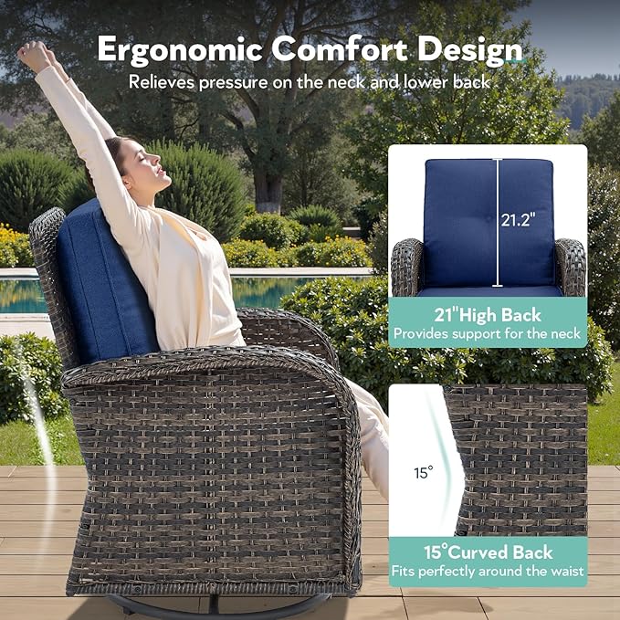 5 Piece Patio Furniture Set with Fire Pit Table - Wicker Patio Conversation Set with Swivel Glider, Glider Loveseat, Tempered Glass Side Table for Deck Backyard - Brown Wicker Blue Cushion
