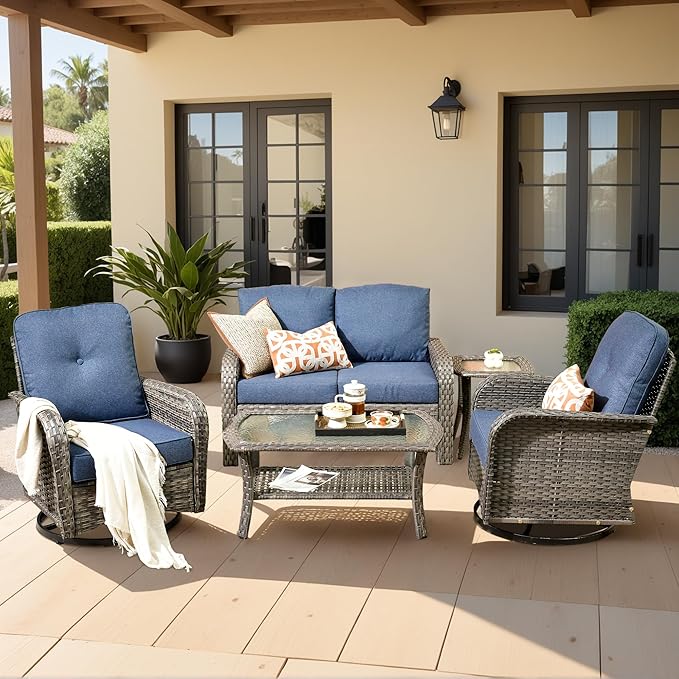 Weaxty Wicker Patio Furniture Set with Swivel Rocker Chairs Outdoor Loveseat Sofa and Rattan Coffee Table, 5 Pieces Outdoor Conversation Sets for Patio Porch Deck Backyard Poolside, Denim Blue