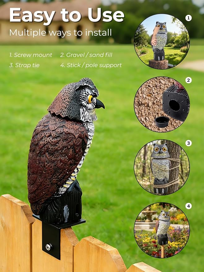 Garden Fake Owl Sculpture with 360° Rotating Head, Waterproof Garden Owl | Realistic Large Outdoor Owl Statue for Yard Patio Balcony Roof Barn Driveway Garden Pool