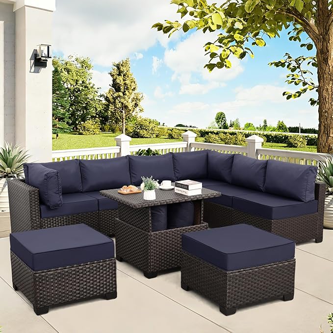 9 Pieces Wicker Patio Furniture Set Outdoor PE Rattan Sectional Conversation Sofa Set with Navy Blue Cushions and Storage Table