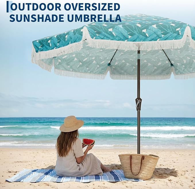 Garvee 10FT Fringe Patio Umbrella with Crank Handle, Push Button Tilt for Sun Shade, 8 Fiberglass Ribs, 1.5"D Premium Steel Pole, Outdoor Large Tassel Umbrella for Patio Beach Pool Backyard, 10' Leaf