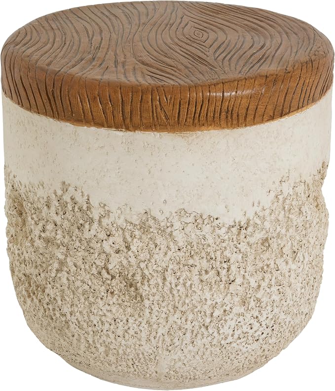 Merax Outdoor Patio MGO Side Table, 16" Height Round Side Accent Table with Dual-Texture Design, Beige Tone Base & Faux-Wood Grain Top, Patio End Table for Balcony Poolside, Fully Assembled