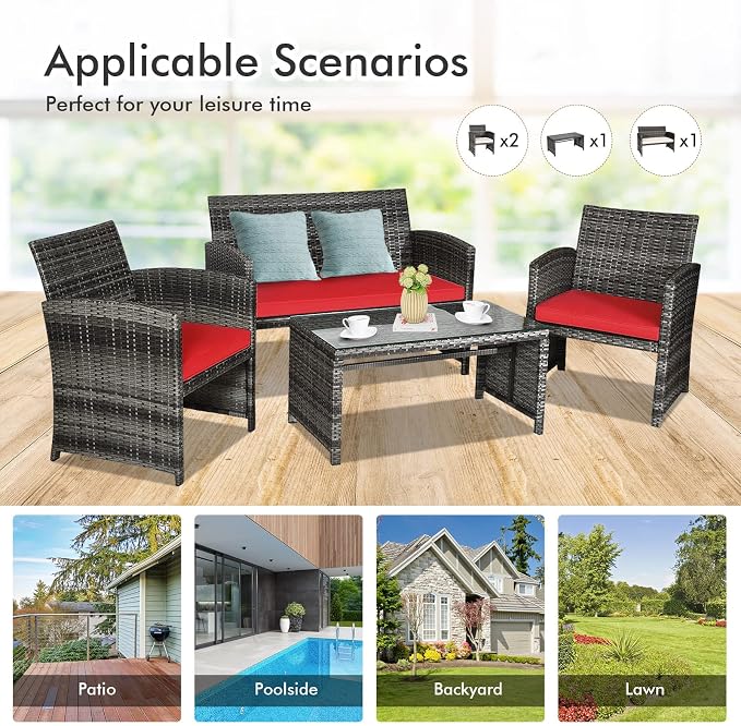 Outdoor Conversation Set, 4 Pieces Wicker Patio Furniture Set with Ergonomic Curved Design, Patio Chair Set with Water-Resistant Cushion & Tempered Glass Table for Porch, Poolside (Red)