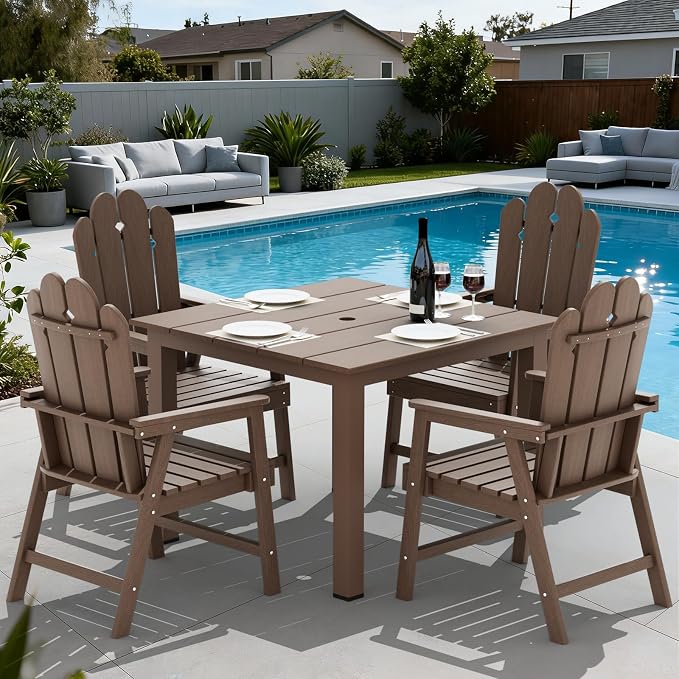 5 Piece Patio Dining Set for 4, HDPE Outdoor Dining Furniture Brown | 4 person patio set, eco-friendly HDPE, Space-saving heat resistant surface, family friendly outdoor dining solution