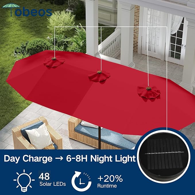 15ft Large Patio Umbrella with Solar Lights and Base, Double-Sided Outdoor Rectangle Umbrella with 48 LED Lights, Market Table Umbrellas with UV Resistant Canopy