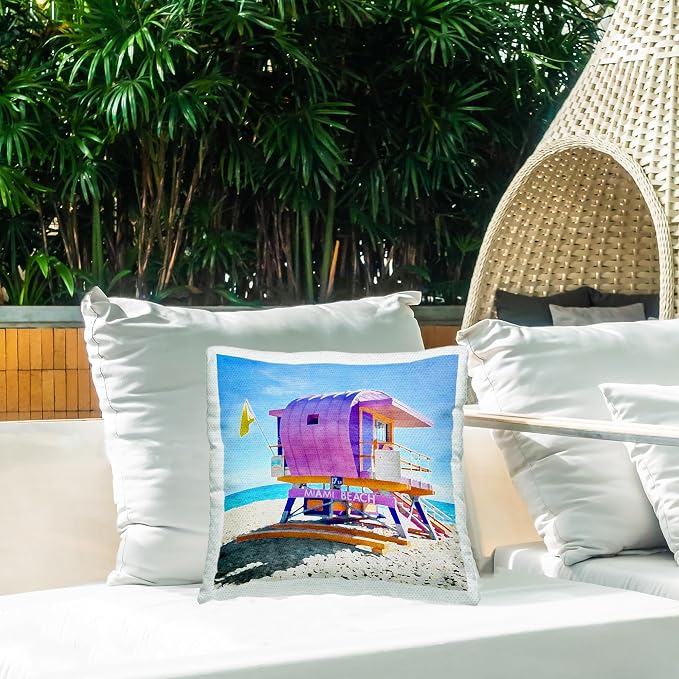 Stupell Industries | Purple Beach Shack, 18 x 18 | Outdoor Pillow, Made in USA - By LSR Design Studio