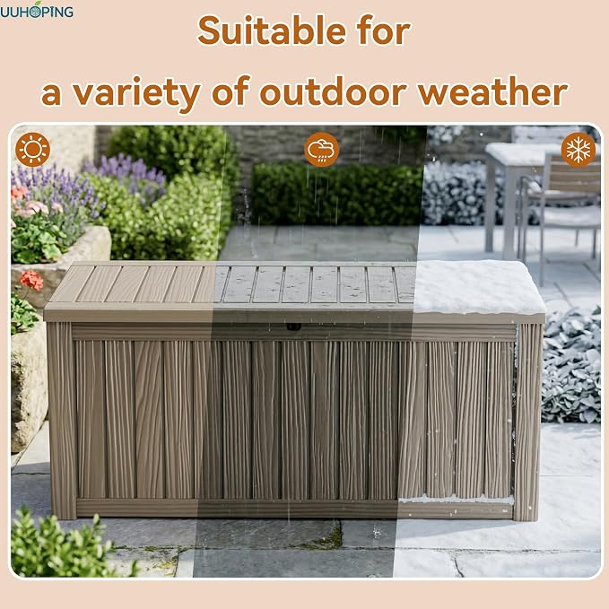 150 Gallon Outdoor Deck Box, Resin Waterproof Storage Box With Lockable Lid, UV-Resistant Multi-Purpose Outdoor Storage Bench for Patio Cushions, Garden Tools, Pool Accessories (Grey)